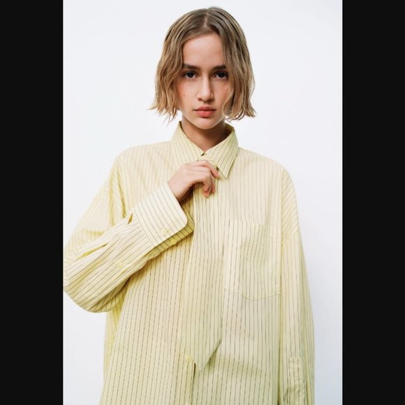 ZARA Oversized Striped Shirt Button-down MID-YELLOW XS - Picture 2 of 6